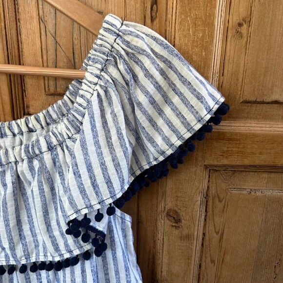 Joy Joy Large White Blue Striped‎ Blouse Off The Shoulder Embrodiered - Picture 5 of 12